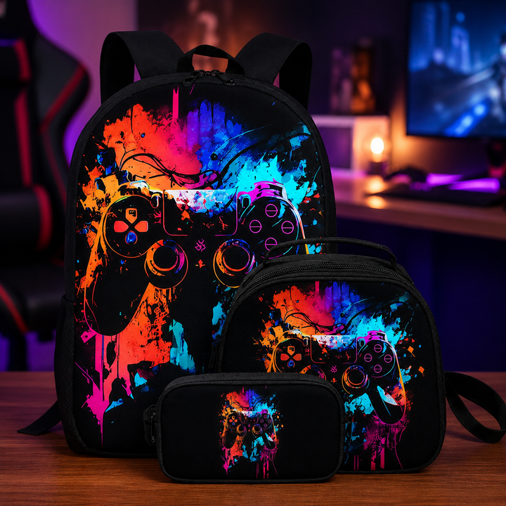 Gamer Unisex 3-Piece School Backpack Set with Crossbody Bag &amp; Pencil Case
