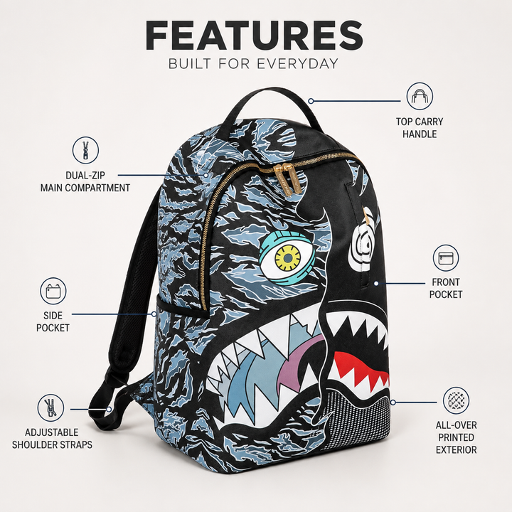 Shark Mouth Graffiti School Backpack Street Style Skateboard Bag Large Capacity