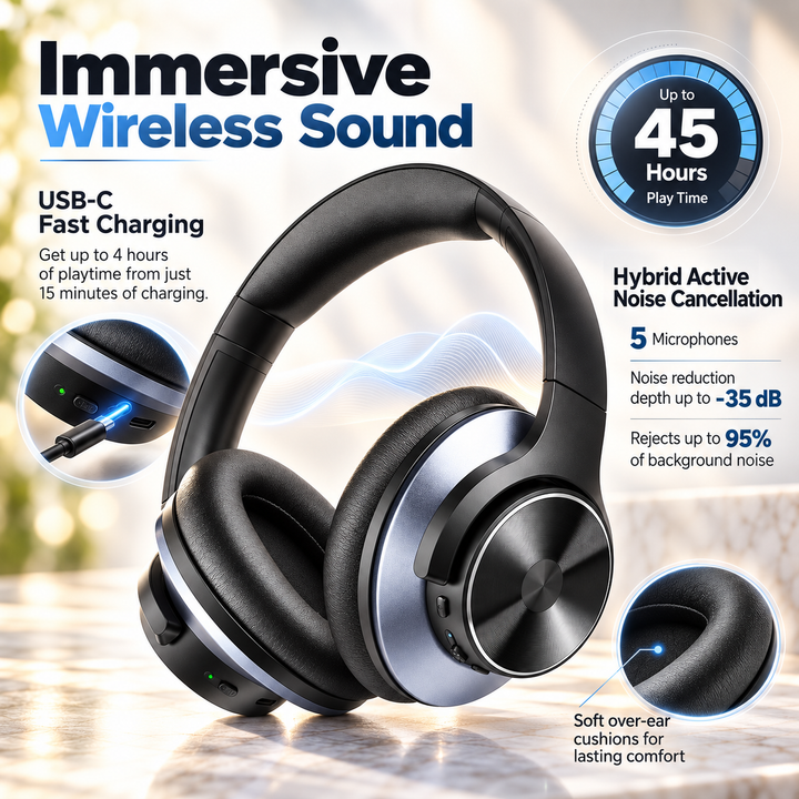 Active Noise Cancelling Wireless Headphones Over Ear Bluetooth