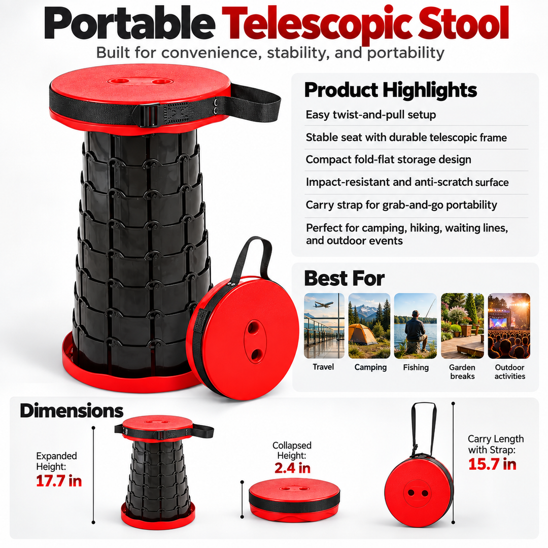 Ultra Compact Foldable Stool Lightweight Adjustable Camping Seat