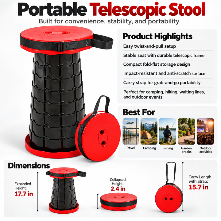Ultra Compact Foldable Stool Lightweight Adjustable Camping Seat