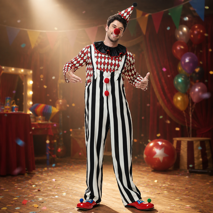 Mens Circus Clown Costume with Hat Halloween Cosplay
