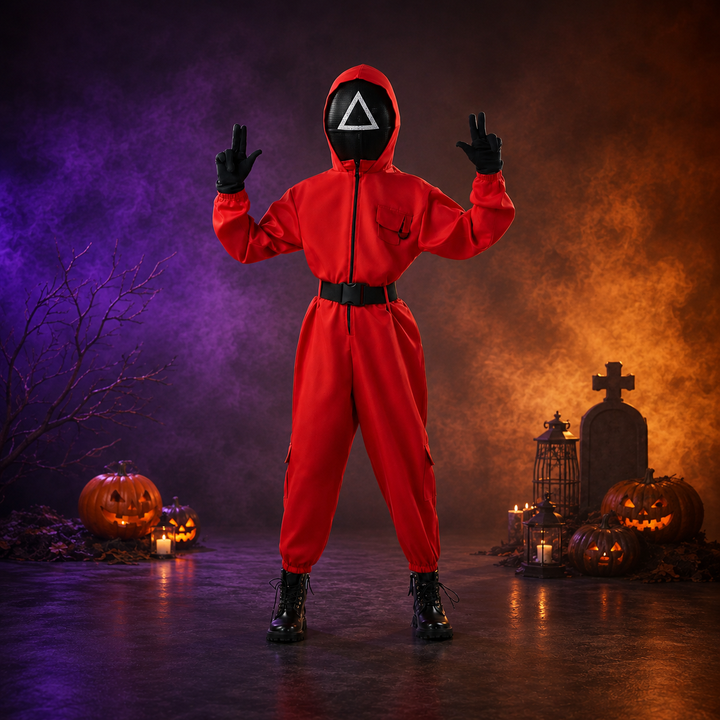 Kids Red Jumpsuit Heist Costume with Mask Halloween Cosplay