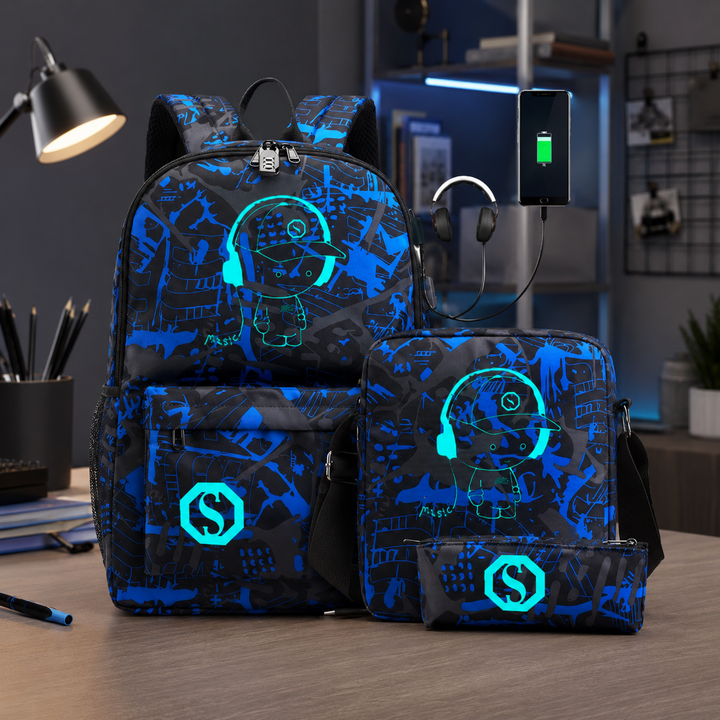 Glow in the Dark Music Boy 3-Piece School Backpack Set with Crossbody Bag and Pencil Case