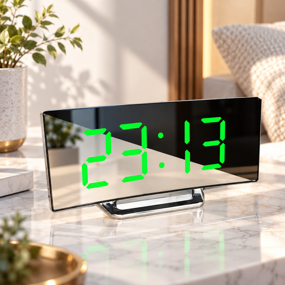 Digital Alarm Clock Curved LED Display Minimalist Bedside Desk Clock