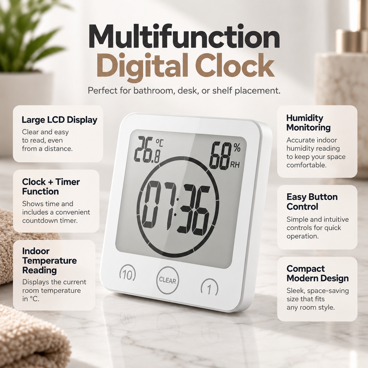 Waterproof Shower Clock Digital Suction Cup Bathroom Wall Clock Timer
