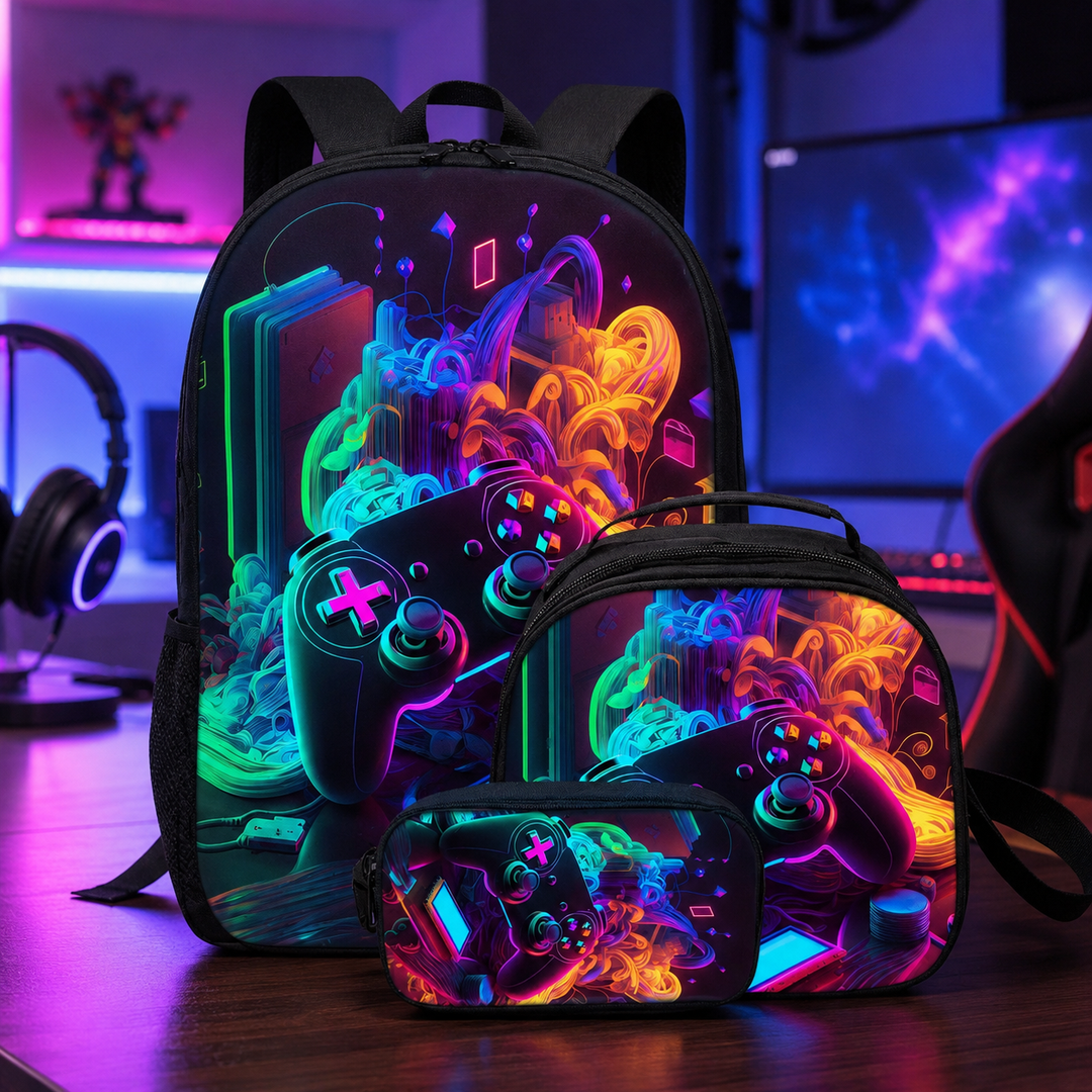 Game Pad 3D Print School Backpack 3Pcs Set Student Laptop Travel Crossbody