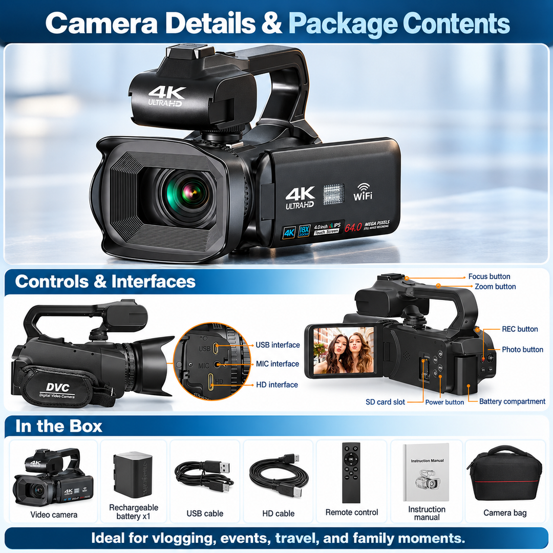 UHD 4K Camcorder 18X Zoom Rotating Touchscreen for Vlogging