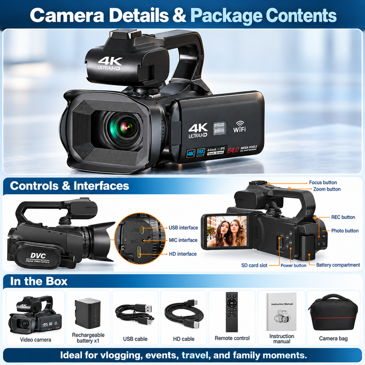 UHD 4K Camcorder 18X Zoom Rotating Touchscreen for Vlogging
