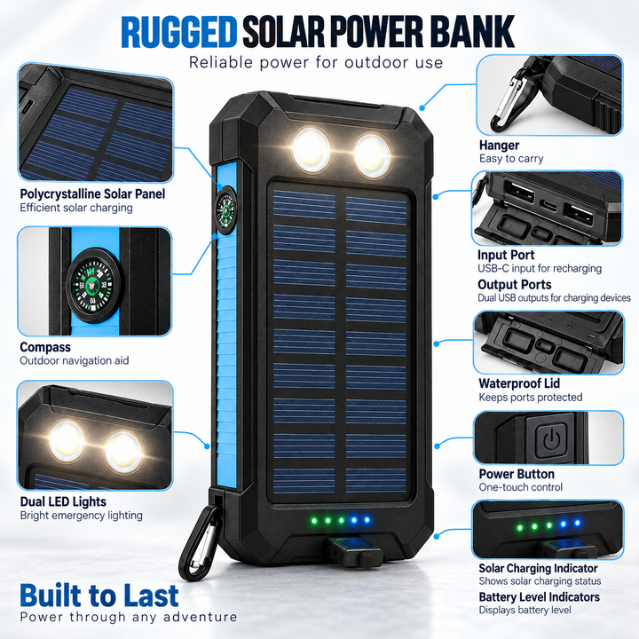 Solar Power Bank Waterproof High Capacity Portable Charger