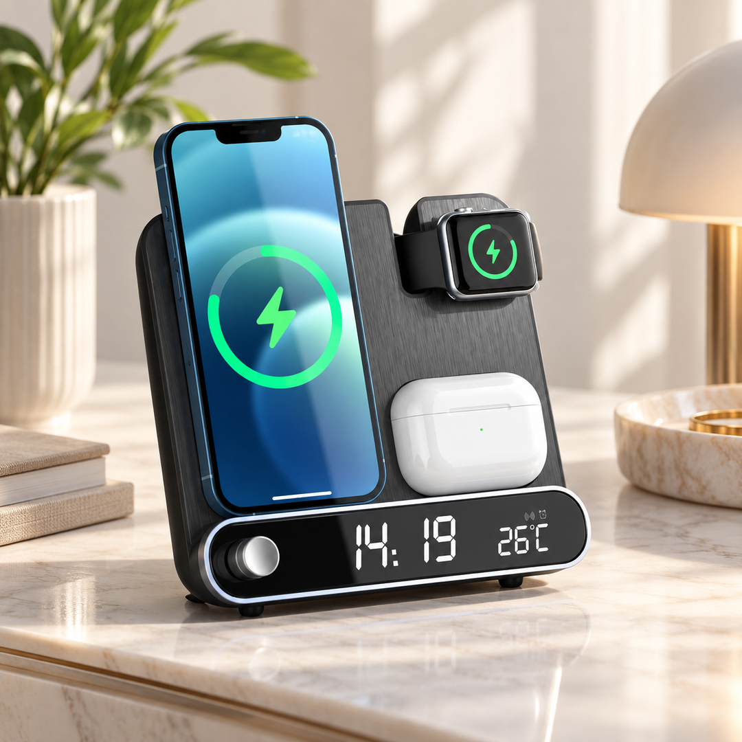 3 in 1 Wireless Charger Alarm Clock Fast Charging Station Phone