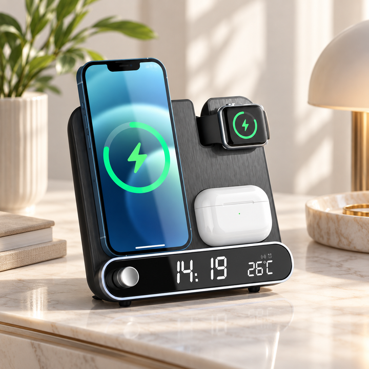 3 in 1 Wireless Charger Alarm Clock Fast Charging Station Phone
