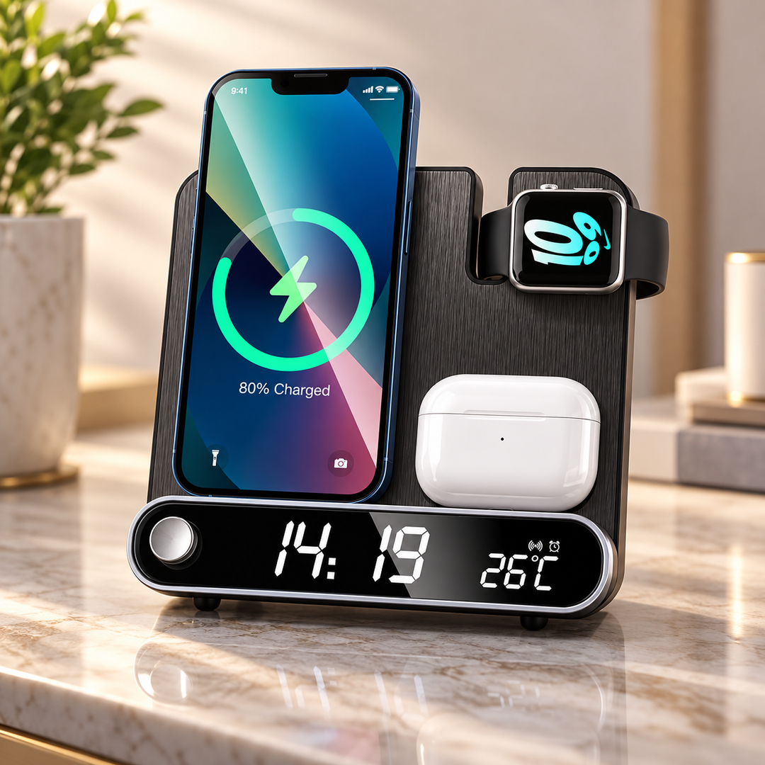 3 in 1 Wireless Charging Station Alarm Clock Dock for Apple