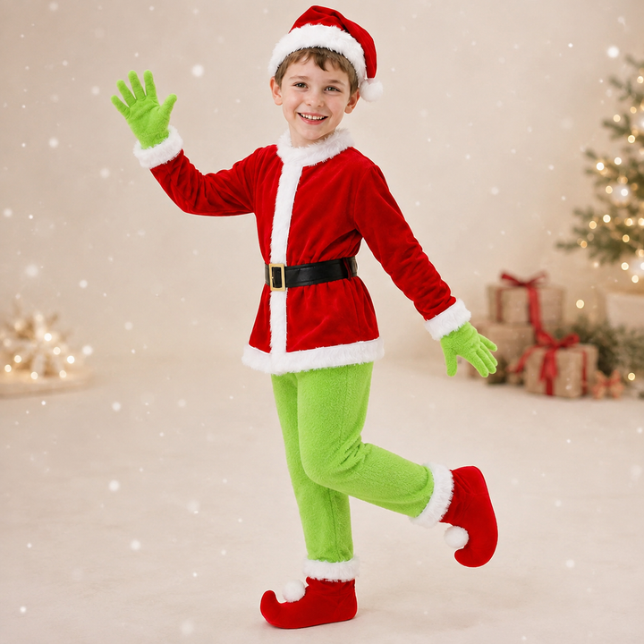 Boys Grinch Christmas Costume with Boot Covers Kids Fancy