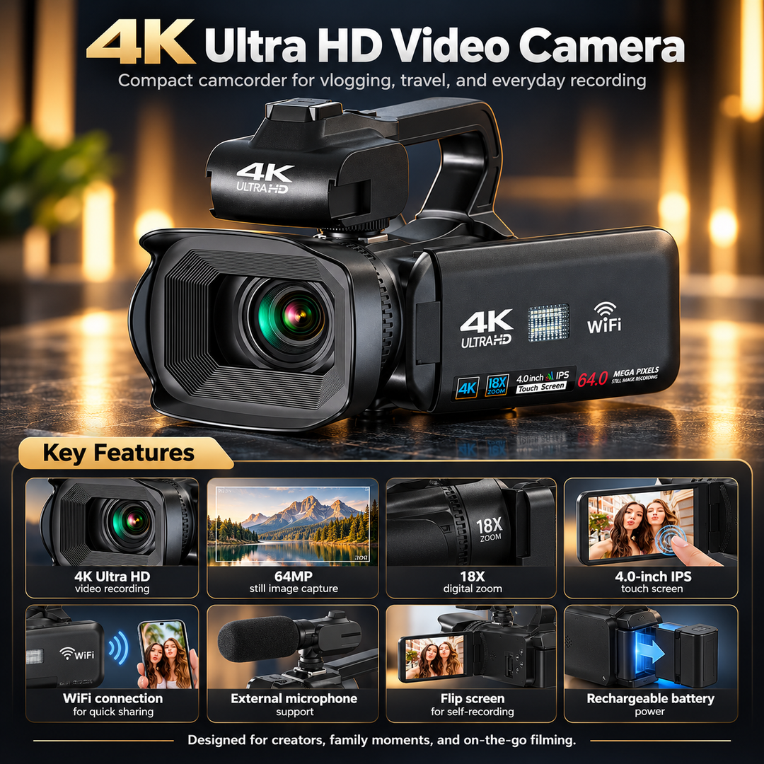 UHD 4K Camcorder 18X Zoom Rotating Touchscreen for Vlogging