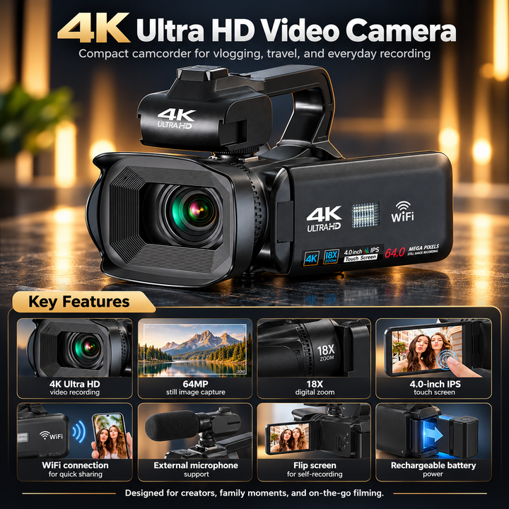 UHD 4K Camcorder 18X Zoom Rotating Touchscreen for Vlogging