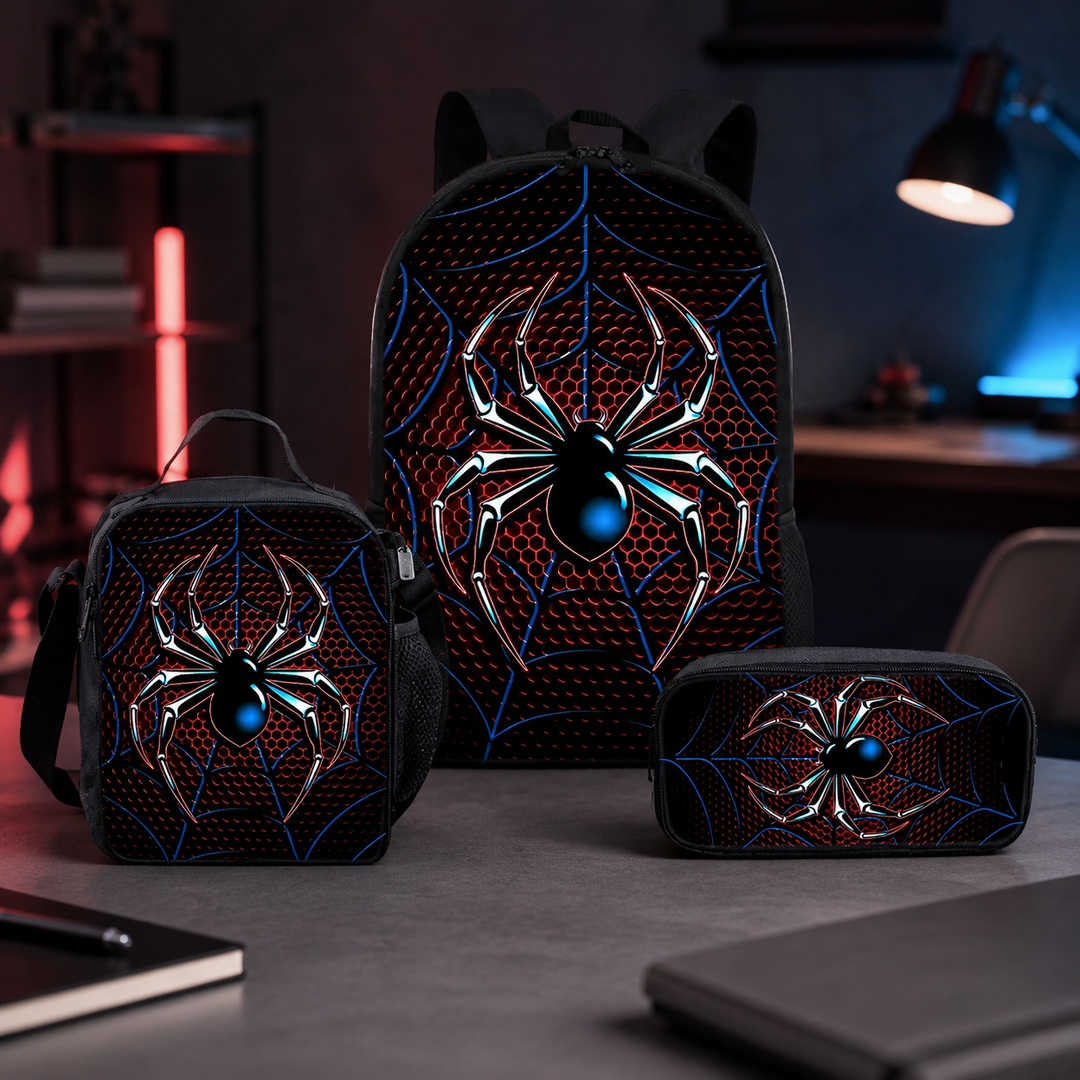 Spider 3D Print School Backpack 3Pcs Set Student Laptop Daypack Crossbody