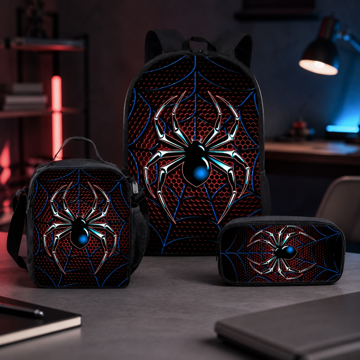 Spider 3D Print School Backpack 3Pcs Set Student Laptop Daypack Crossbody