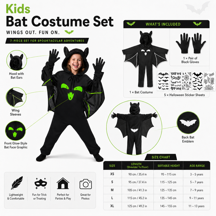 Kids Bat Wing Costume Glow Face Halloween Boys Girls
