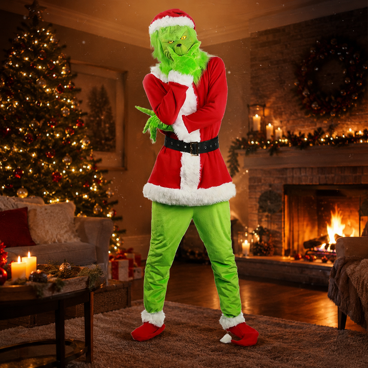 Grinch Mask and Santa Suit Costume Kids Adults Christmas