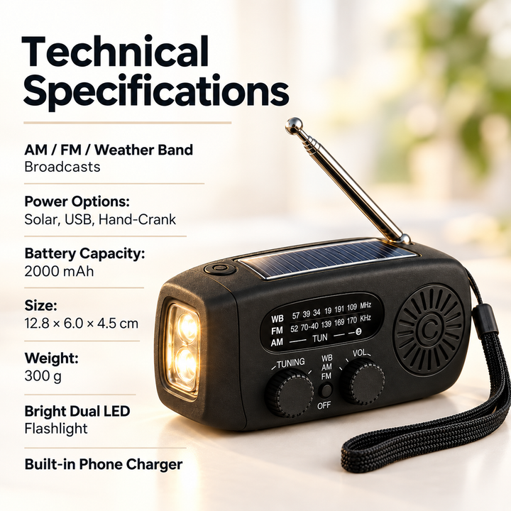 Portable Wind Up Emergency Radio AM FM Solar with Power Bank