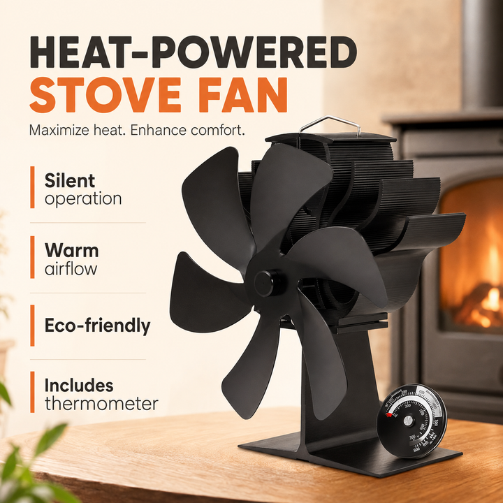 Wood Stove Fan Heat Powered with Thermometer