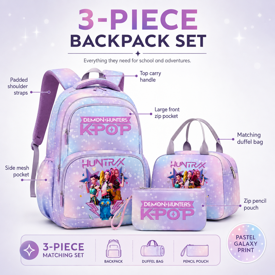 KPop Demon Hunters Girls 3-Piece School Backpack Set with Lunch Bag &amp; Pencil Case