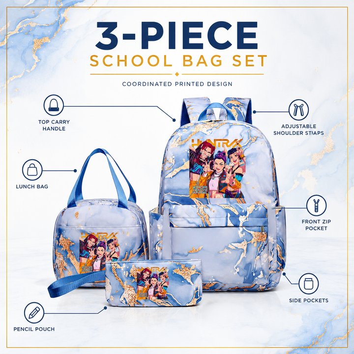 KPop Demon Hunters 3-Piece School Backpack Set with Lunch Bag and Pencil Case for Girls