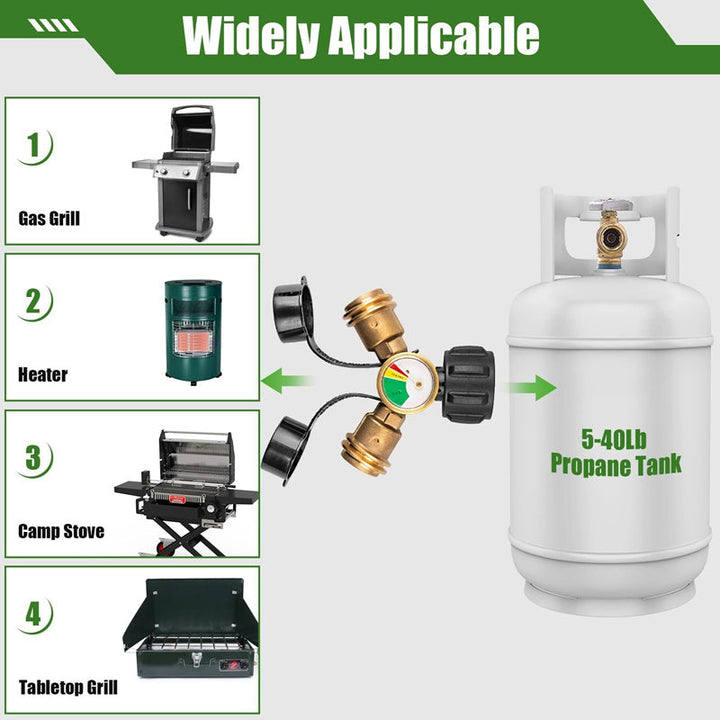 Propane Tank Y Splitter with Gauge and Shut Off Valve 2-Way LP Gas Adapter