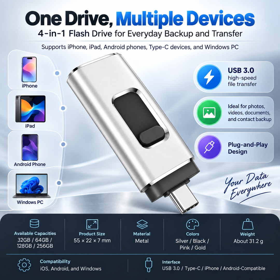Phone Storage Memory Stick 4 in 1 USB Flash Drive Lightning USB C