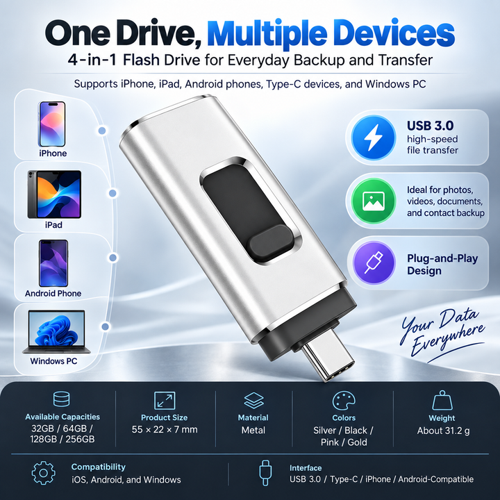 Phone Storage Memory Stick 4 in 1 USB Flash Drive Lightning USB C