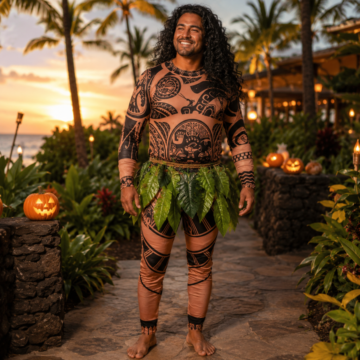 Maui Costume with Tattoo Print and Leaf Skirt Halloween