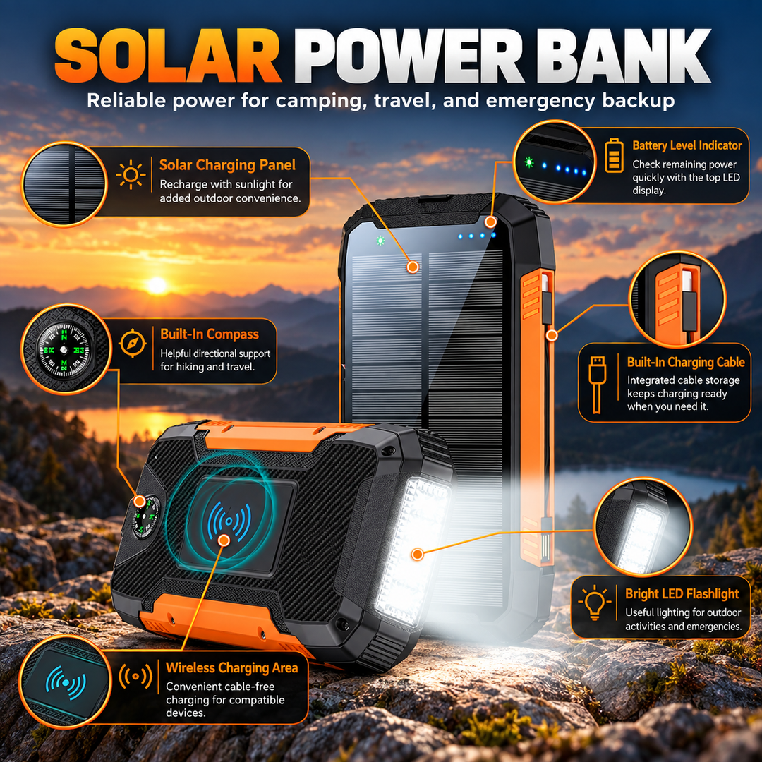30000mAh Solar Power Bank Wireless Waterproof Portable Charger