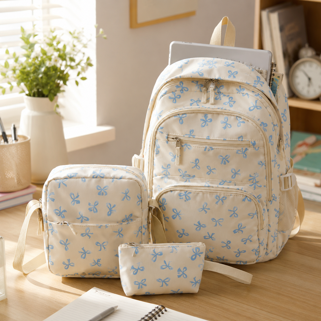 Girls 3-Piece Bow Print School Backpack Set with Crossbody Bag &amp; Pouch