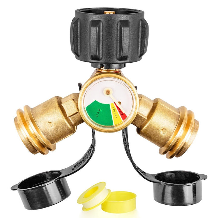 Propane Tank Y Splitter with Gauge and Shut Off Valve 2-Way LP Gas Adapter