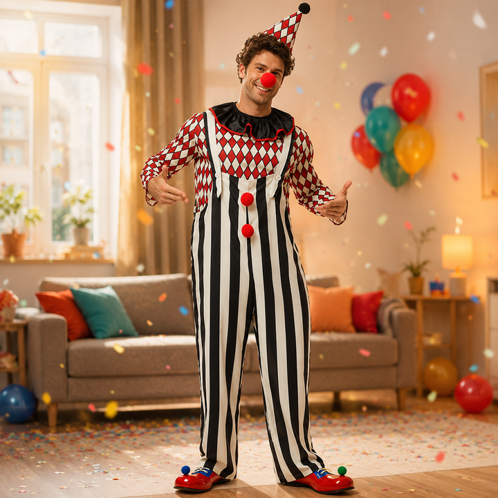Mens Circus Clown Costume with Hat Halloween Cosplay