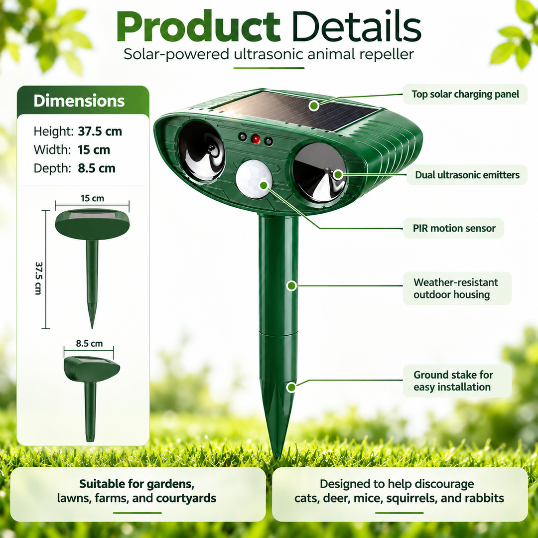 Solar Ultrasonic Animal Repeller Cat Fox Deterrent for Garden
