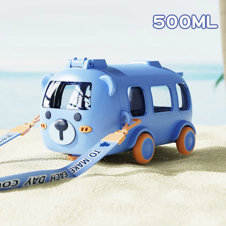 Bus Shaped Water Bottle with Straw 16 oz Plastic Cartoon Design