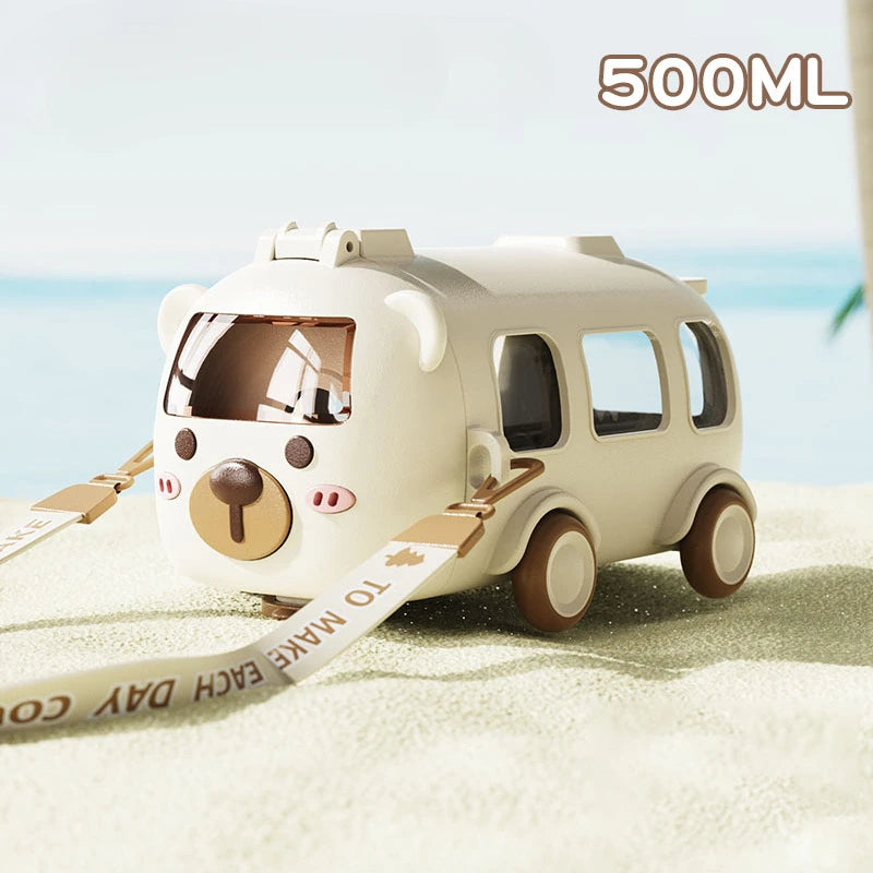 Bus Shaped Water Bottle with Straw 16 oz Plastic Cartoon Design
