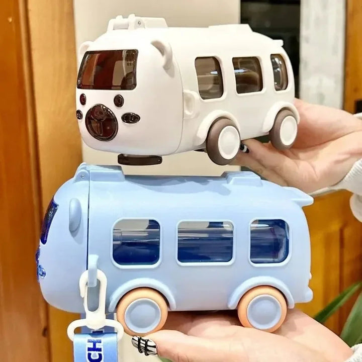 Bus Shaped Water Bottle with Straw 16 oz Plastic Cartoon Design