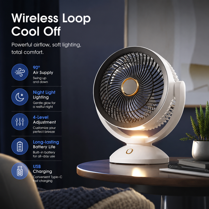 Rechargeable Portable USB Desk Fan with Night Light Quiet Cooling Fan