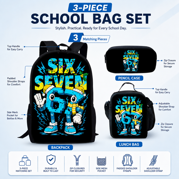 Six Seven 67 Kids 3-Piece School Backpack Set with Crossbody Bag &amp; Pencil Case