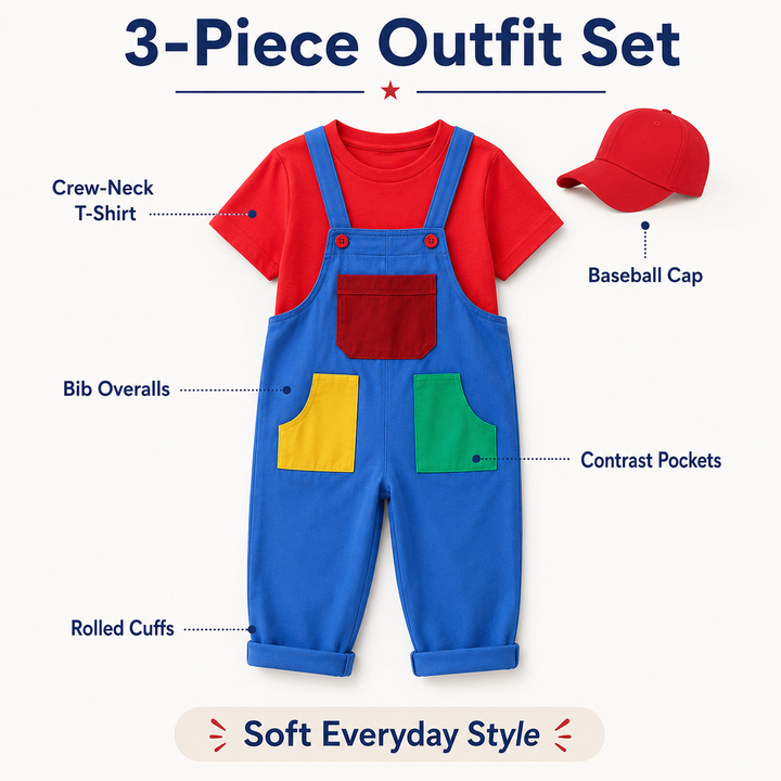 Kids Super Mario Overalls Costume Set with Cap Halloween