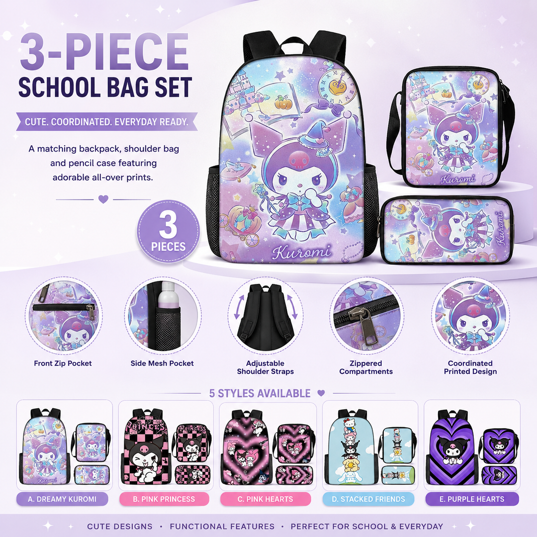 Kuromi Girls 3-Piece School Backpack Set with Shoulder Bag &amp; Pencil Case