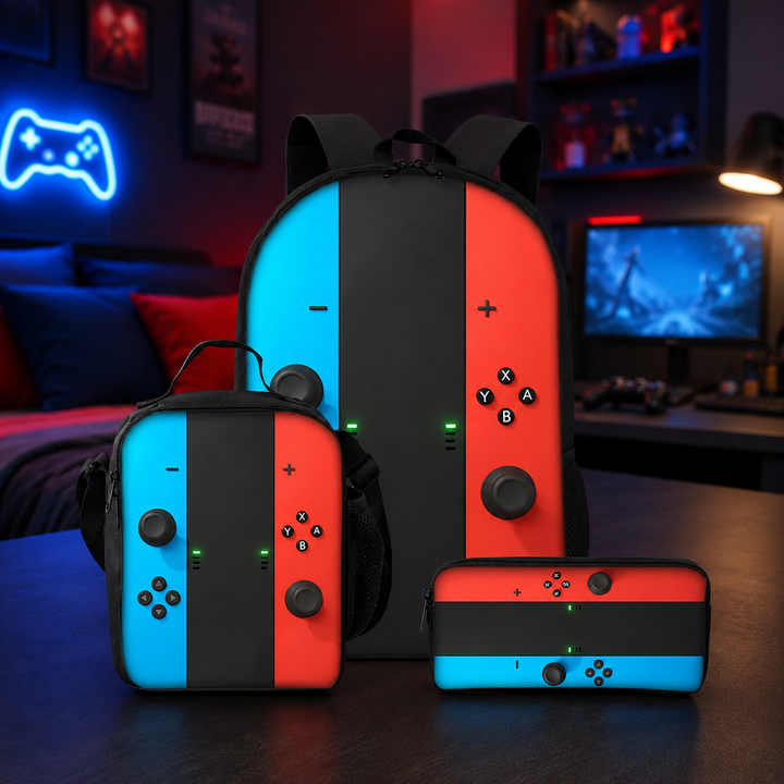 Game Console School Backpack 3Pcs Set Kids Boys Girls 2D Cartoon Gift
