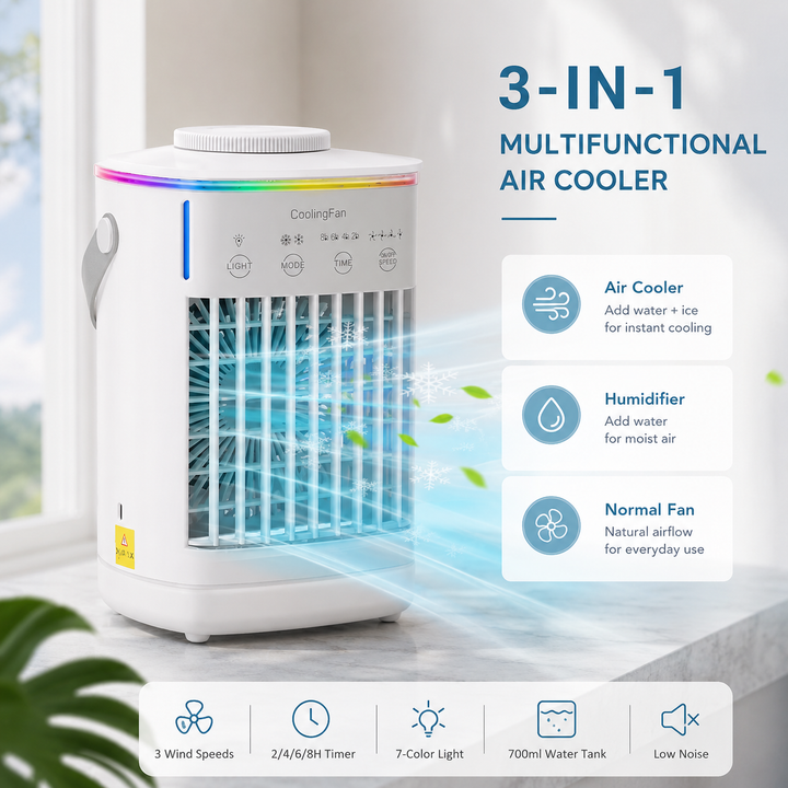 Portable Air Conditioner Table Fan Humidifier with 700ml Tank USB Timer RGB Light