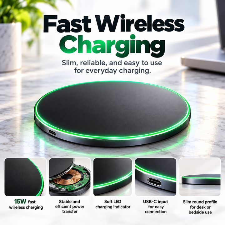 15W Wireless Charging Pad Fast Charger Base for iPhone and Android