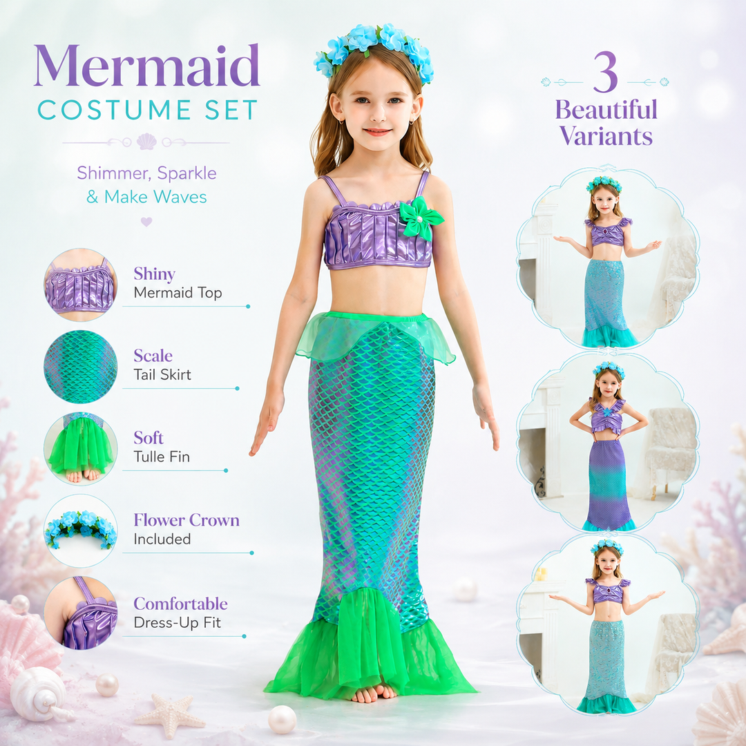 Girls Mermaid Princess Sparkle Tail Costume Dress Halloween