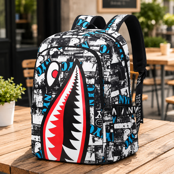 Kids School Backpack USB Interface Shark Print Large Capacity Lightweight