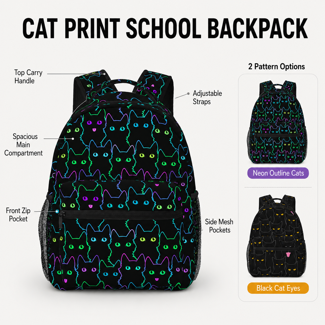 Black Cat Girls Lightweight Casual School Backpack